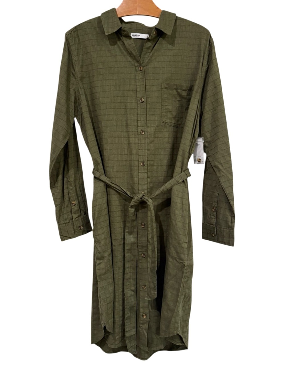 NWT Sonoma Button Down Shirt Dress with Collar Olive Green Large